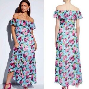 Betsey Johnson Malibu Blue Floral Roses Off-the-Shoulder Maxi Dress | Size 14